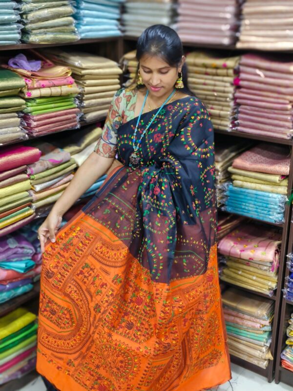 KHADI COTTON SAREES. FEEL GOOD MATERIAL FOR HOT SUMMER ( Black with Orange )
