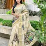 Onam SPL Kerala Sarees with mayuri Printed  - Golden Tissue