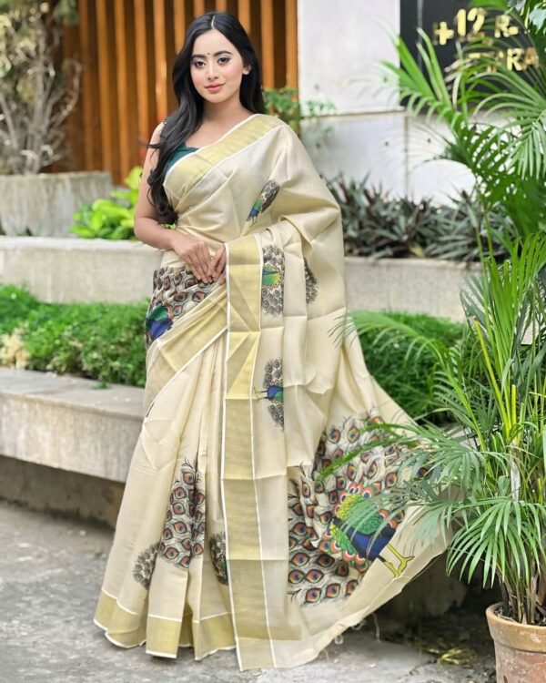 Onam SPL Kerala Sarees with mayuri Printed - Golden Tissue
