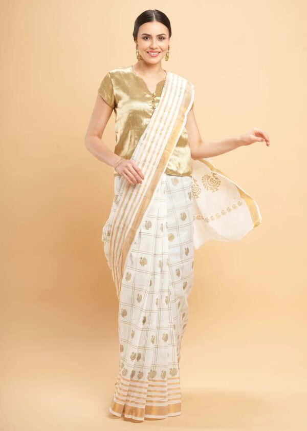 Gold printed work Kerala Cotton sarees