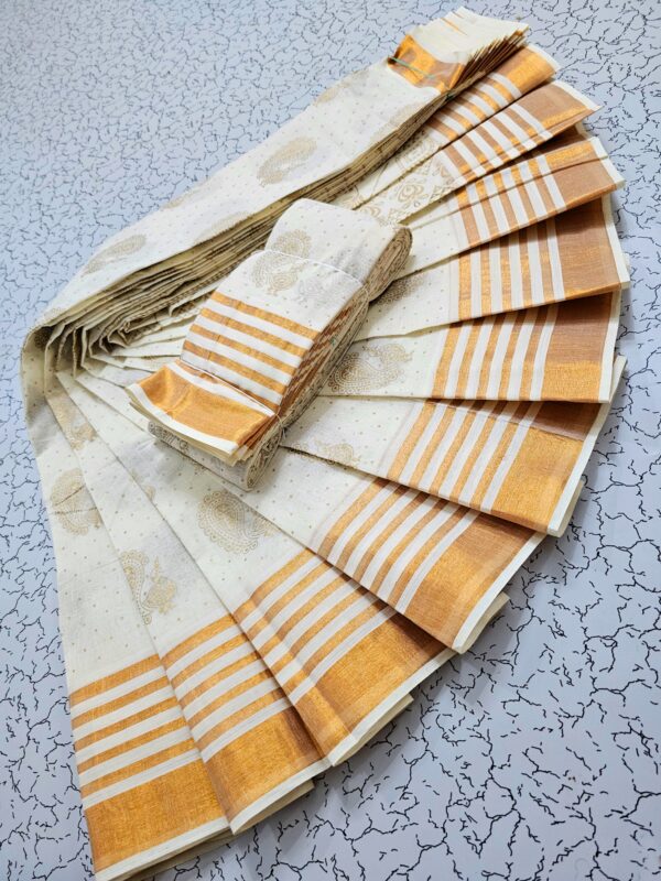 Gold printed work Kerala Cotton sarees