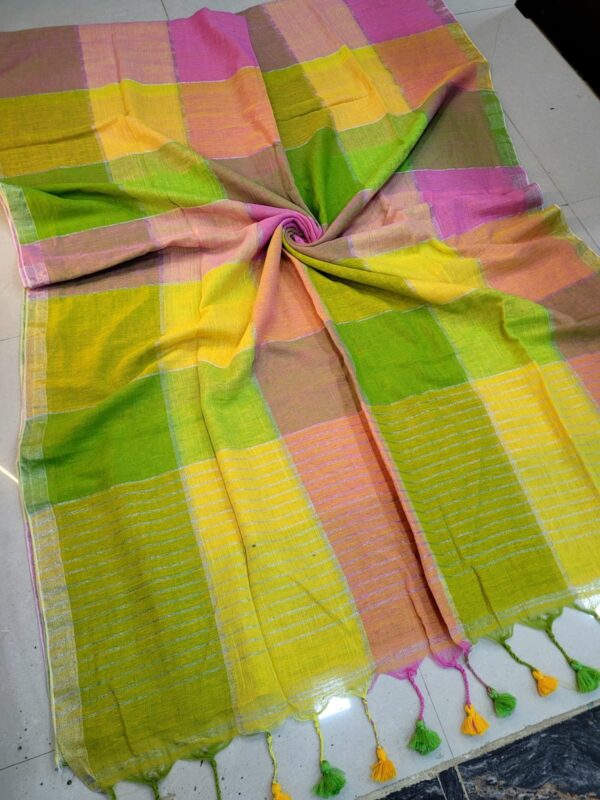 Multi Colored Checked Handloom Linen Saree