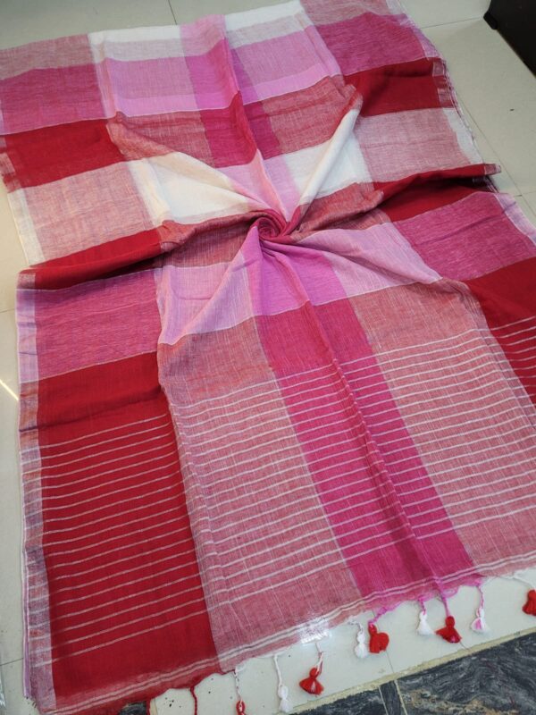 Multi Colored Checked Handloom Linen Saree