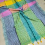 Multi Colored Checked Handloom Linen Saree