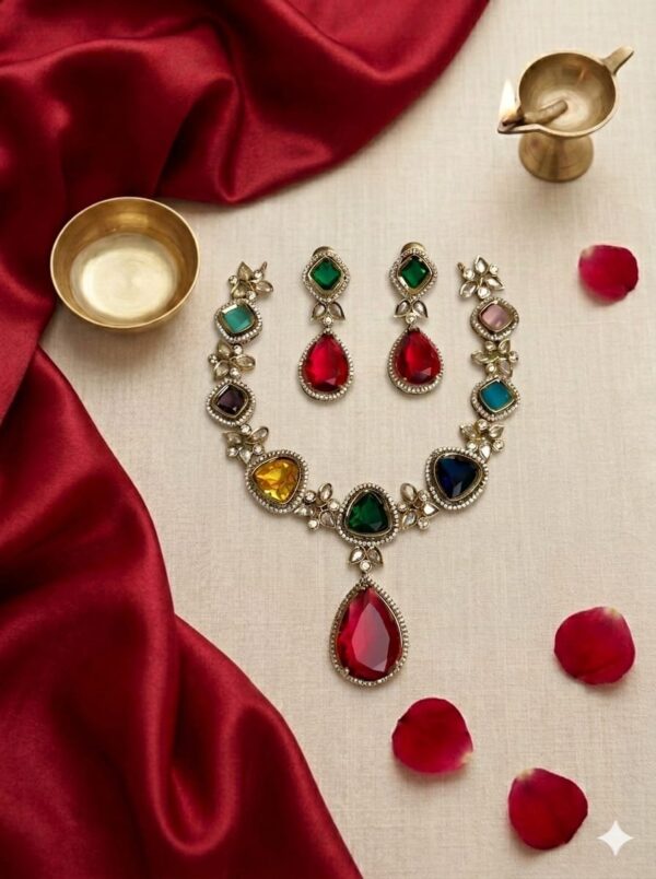 Elite Multicolor stoned party wear neckpiece & earring set