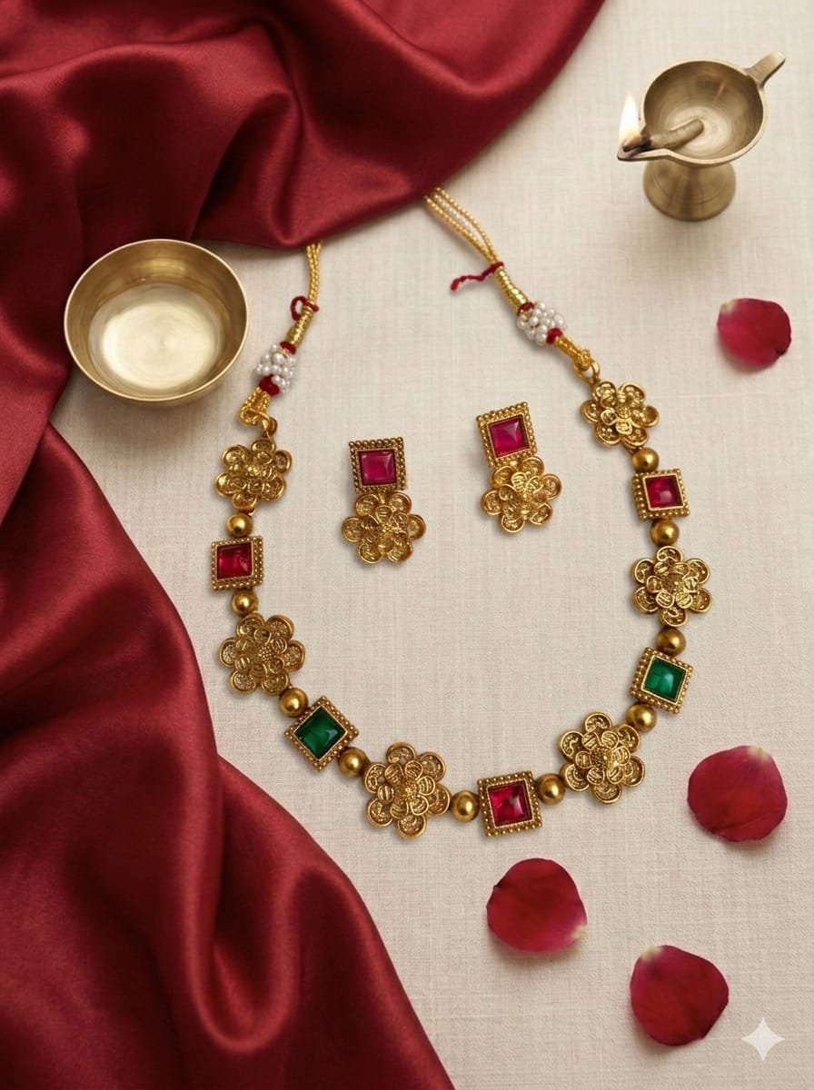 2026/04/1005193056.jpg Rubi & Emerald Stone Choker with Earring Set - Image 1