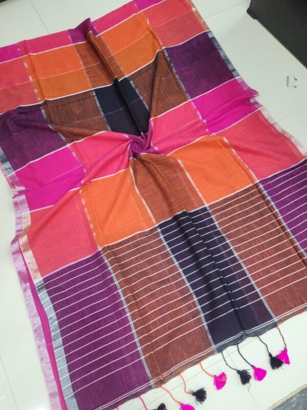 Multi Colored Checked Handloom Linen Saree