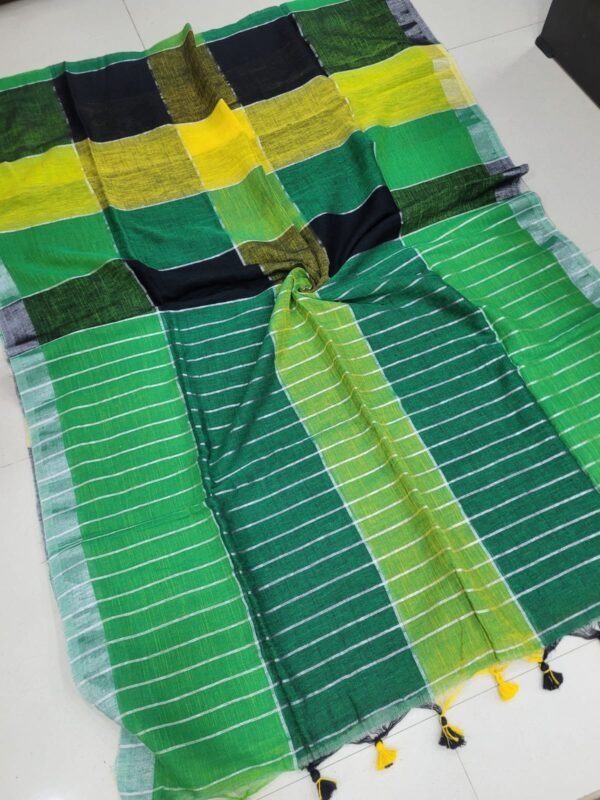 Multi Colored Checked Handloom Linen Saree