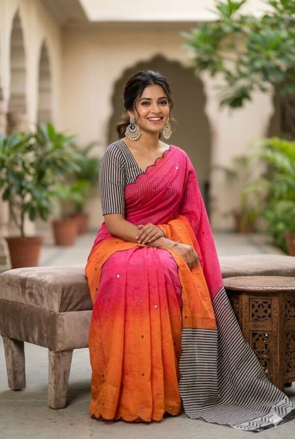 Premium Linen Mirror Embroidery Sarees