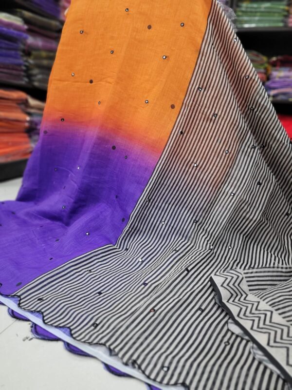 Premium Linen Mirror Embroidery Sarees