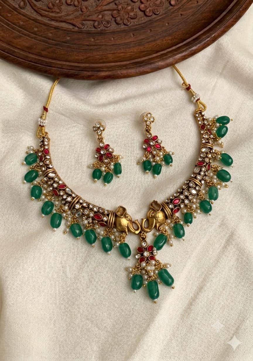 WhatsApp Image 2026-08-12 at 1.54.05 PM Gaja Lakshmi Dual Airavat Stiff Wing Pearl Beaded Choker With Earring - Image 1