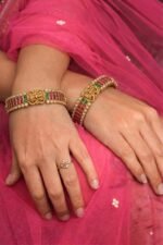Lakshmi Ruby & Emarald Stone Gold Plated Bangle Set- Pack of 2 (2.6")