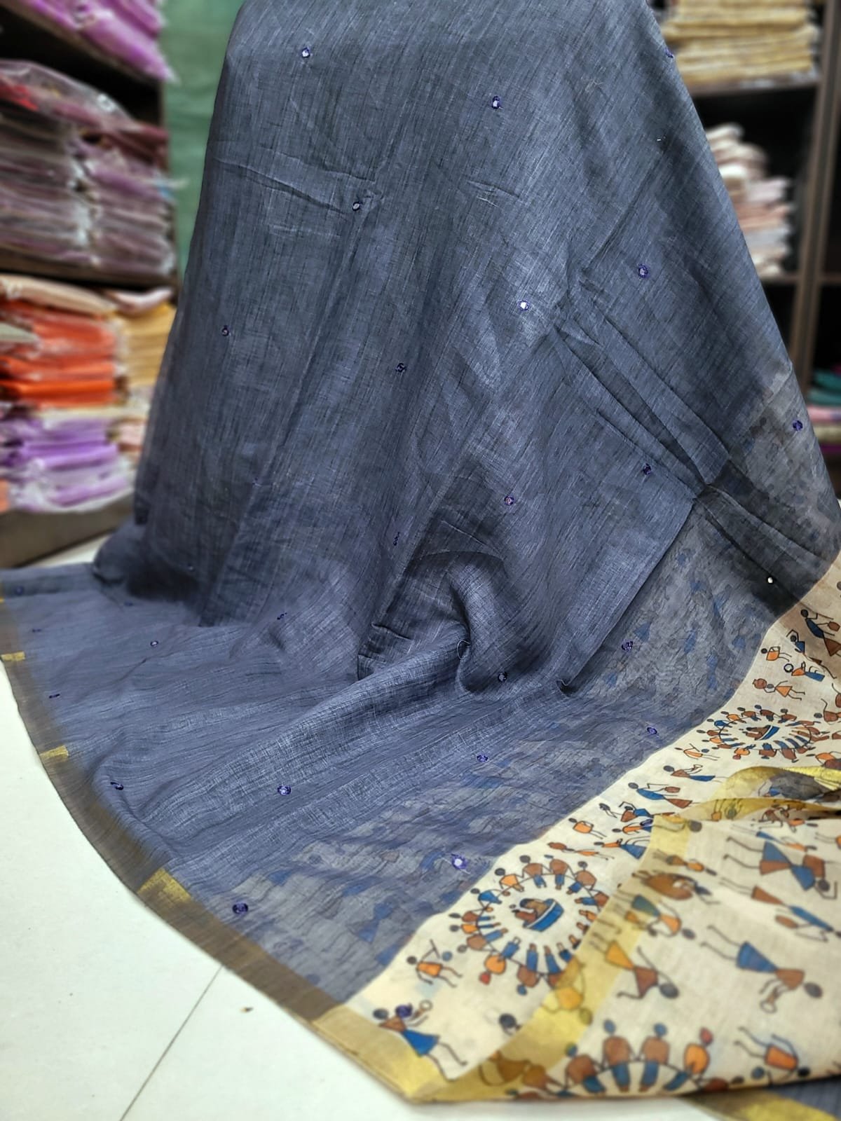 WhatsApp Image 2026-08-15 at 6.21.12 PM (2) Premium Linen Mirror Work Sarees - Image 1