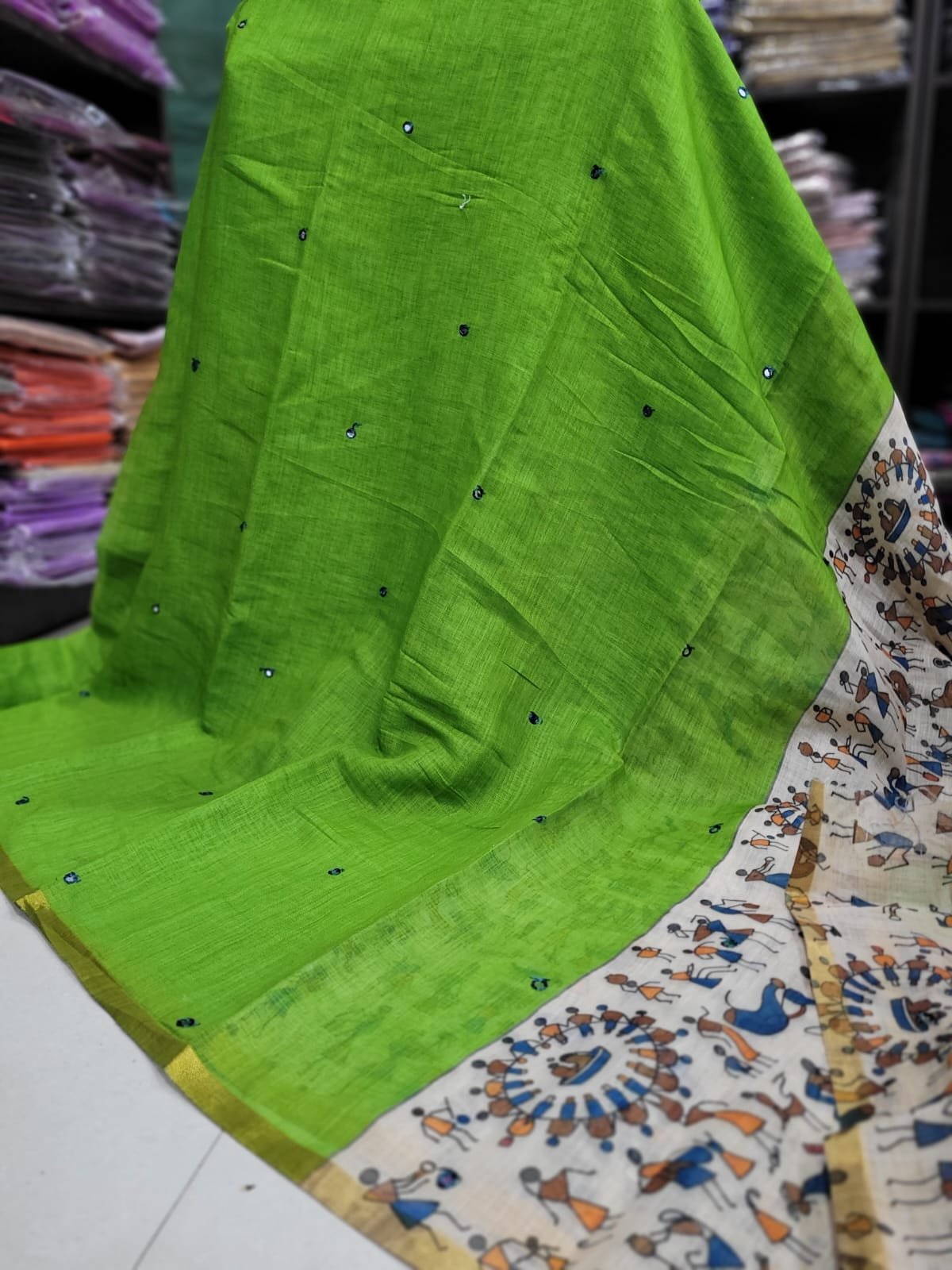 WhatsApp Image 2026-08-15 at 6.21.13 PM (1) Premium Linen Mirror Work Sarees - Image 1