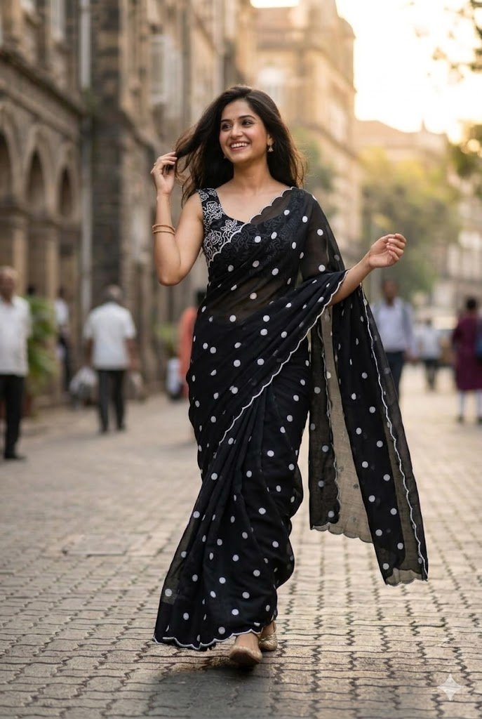 1005207091.jpg Fancy Soft Georgette Saree with scallop Cutwork ( Black ) - Image 1