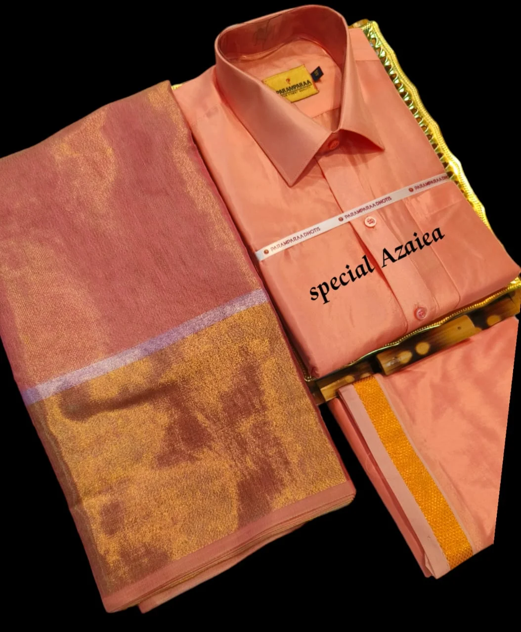Couple-Combo-Set-Silk-Meterial-Mixed-Shirt-Dothi-and-Tissue-Silk-Saree-Combo-10.webp Couple Combo Set: Silk Meterial Mixed Shirt Dothi and Tissue Silk Saree Combo - Image 1