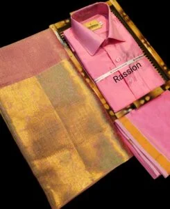 Couple-Combo-Set-Silk-Meterial-Mixed-Shirt-Dothi-and-Tissue-Silk-Saree-combo.webp Couple Combo Set: Silk Meterial Mixed Shirt Dothi and Tissue Silk Saree combo - Image 1